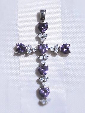 Purple Heart Cross Pendant Cubic Zirconias Robert Seeman Denmark 925 Silver VTG